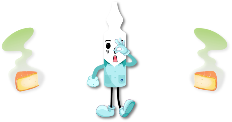 mascotte de Quad-lab qui se bouche le nez par ce que il y a du fromage qui pue