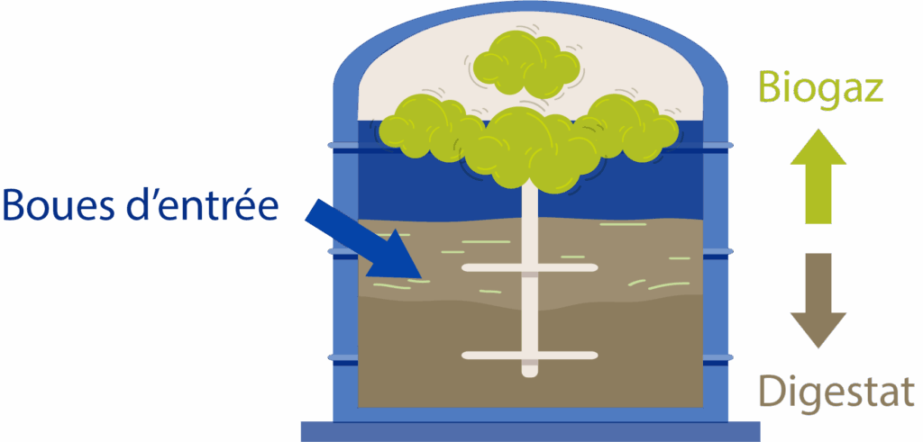 Schéma simplifié du processus de méthanisation avec bouées d'entrée, digestat et biogaz