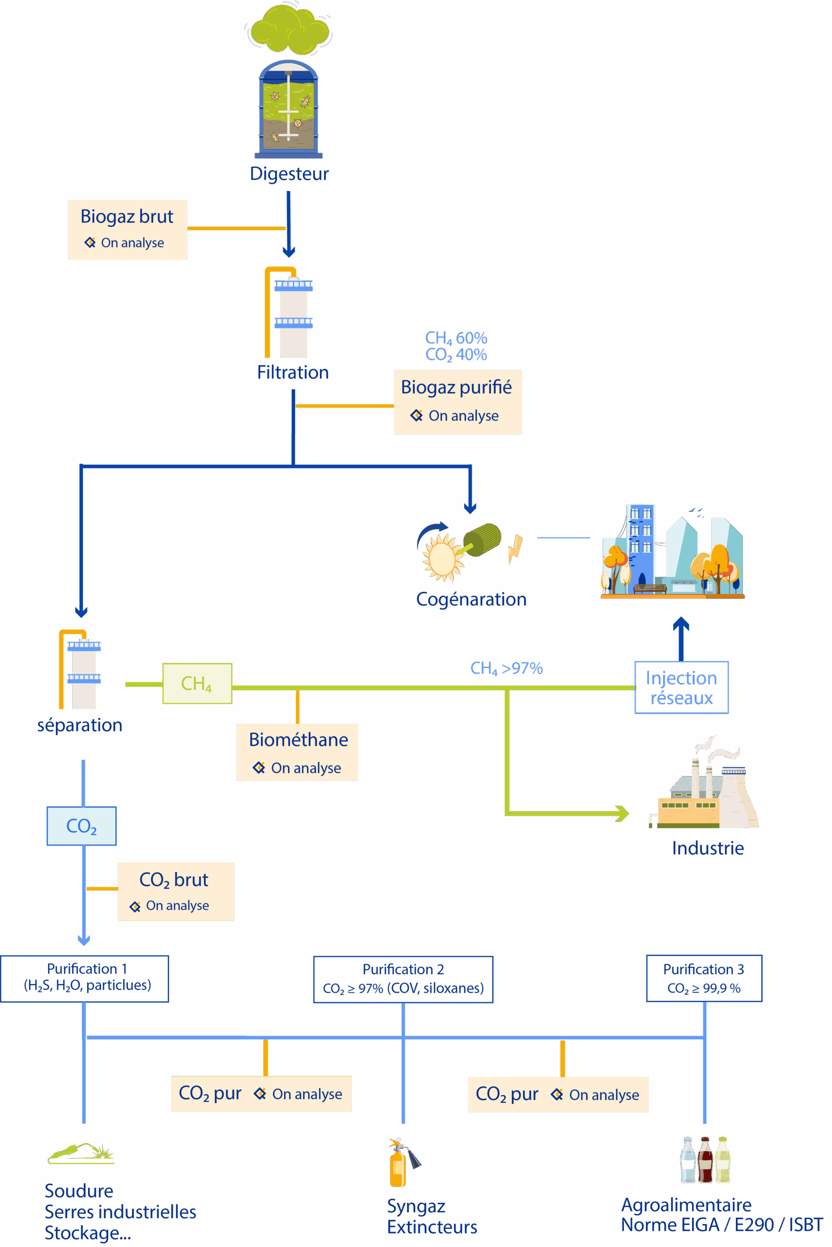 schéma du processus des gaz naturel, de la méthanisation à leur utilisation